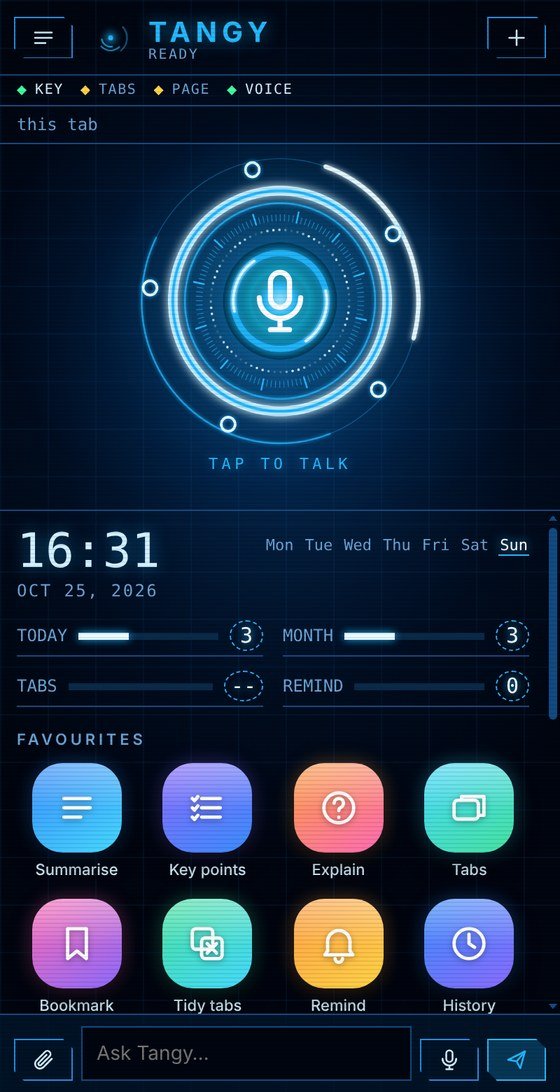 Tangy’s side panel with the voice ring and colourful app icons